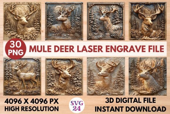 Mule Deer Laser Engrave File: 3D PNG for Wood & Decor