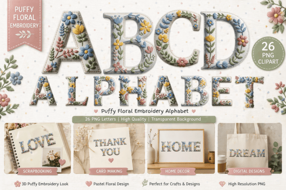 Puffy Floral Embroidery Alphabet: 3D Textured Letters