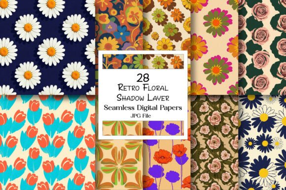 Retro Floral Shadow Layer: Dimensional Digital Paper Pack
